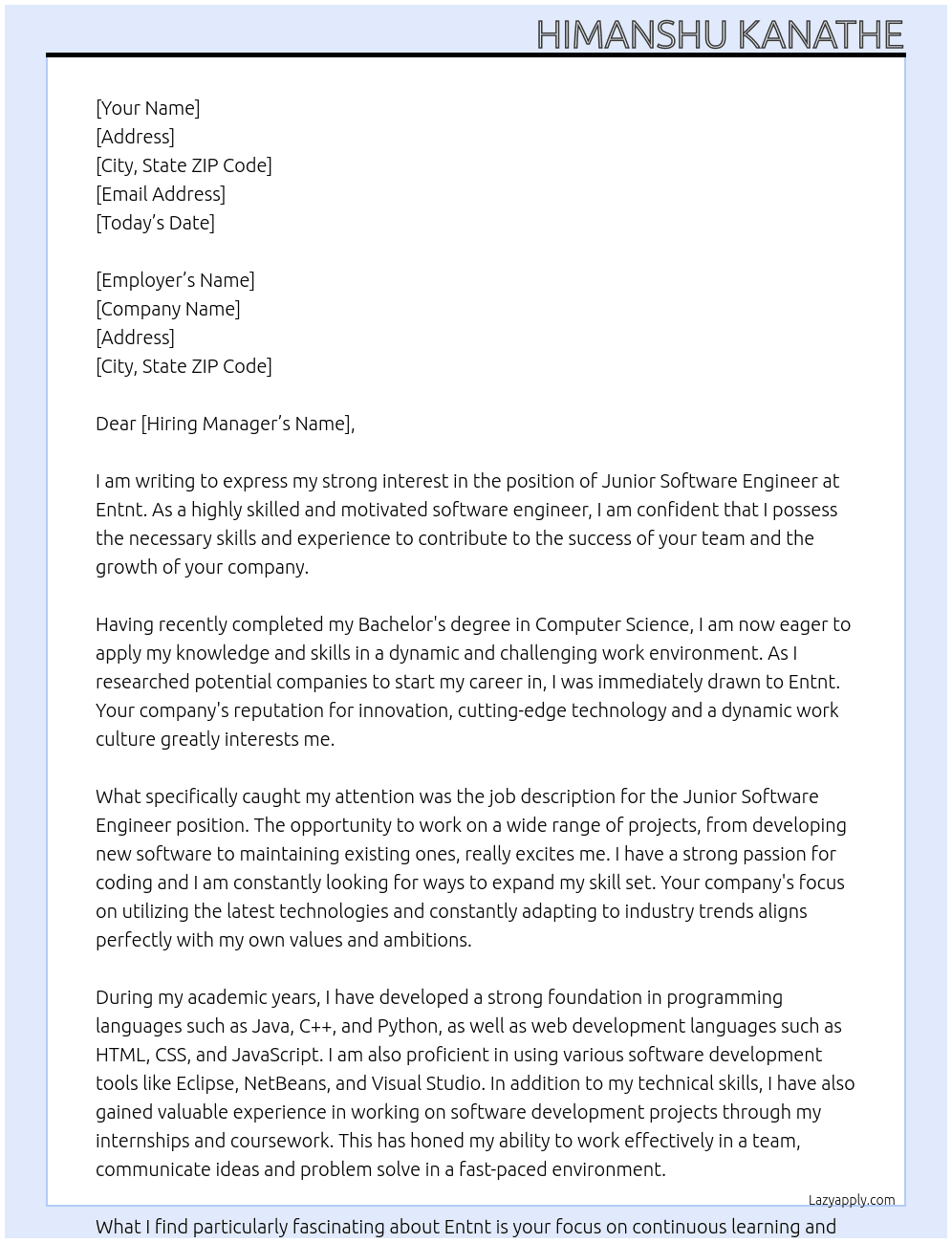Junior software engineer At Entnt Cover Letter