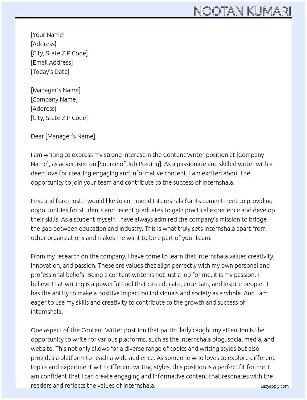 Content writer  At Internshala Cover Letter