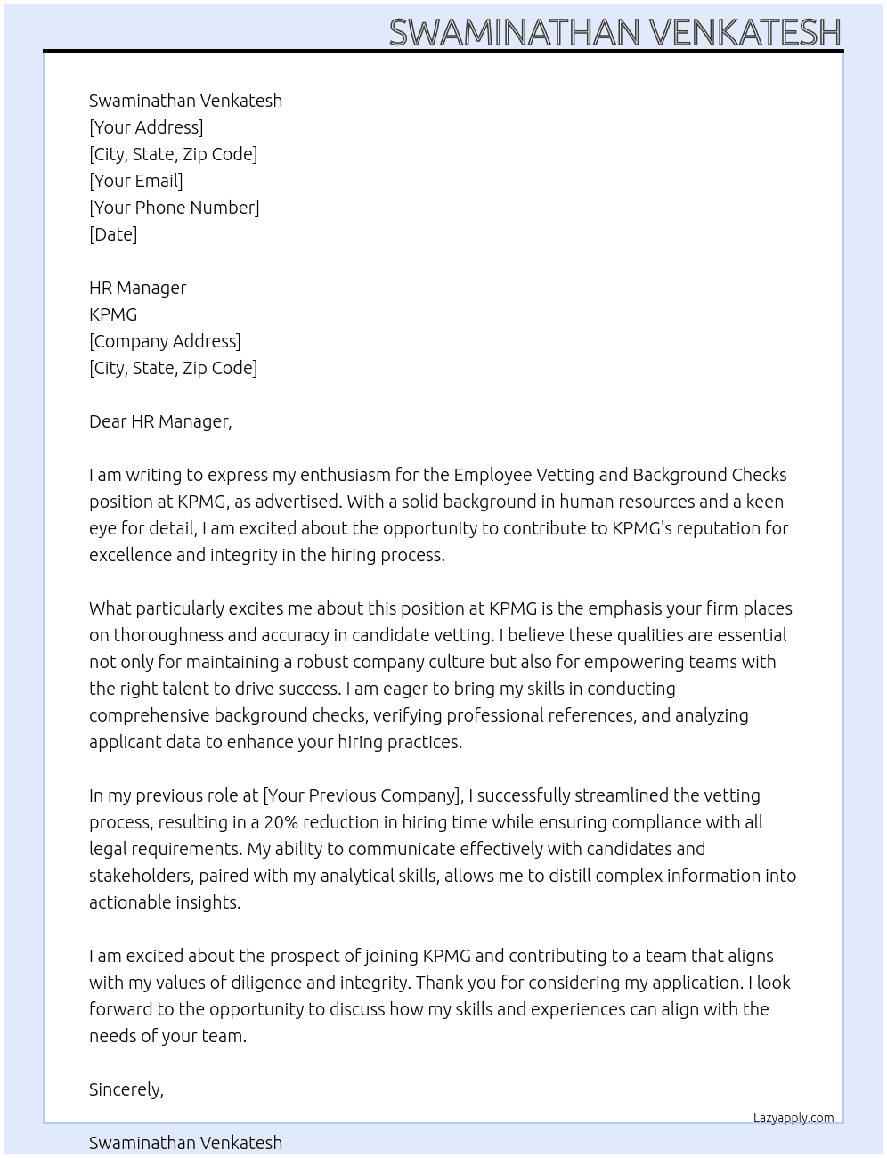 Cover letter for employee vetting and background checks - LazyApply
