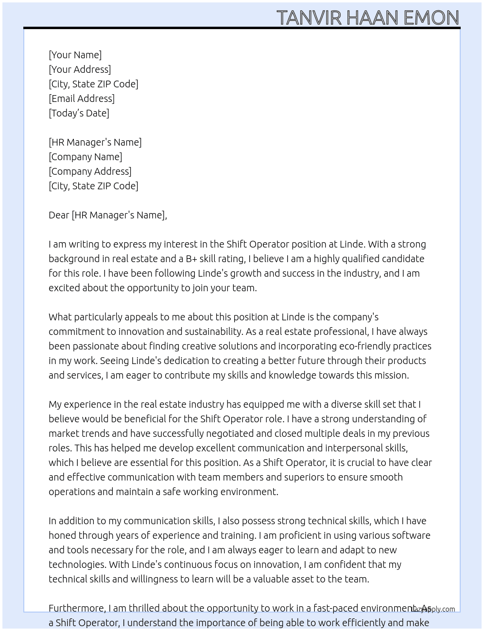 Shift operator At Linde Cover Letter