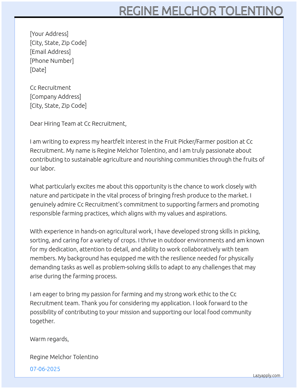 Fruit Picker /Farmer At Cc Recruitment Cover Letter
