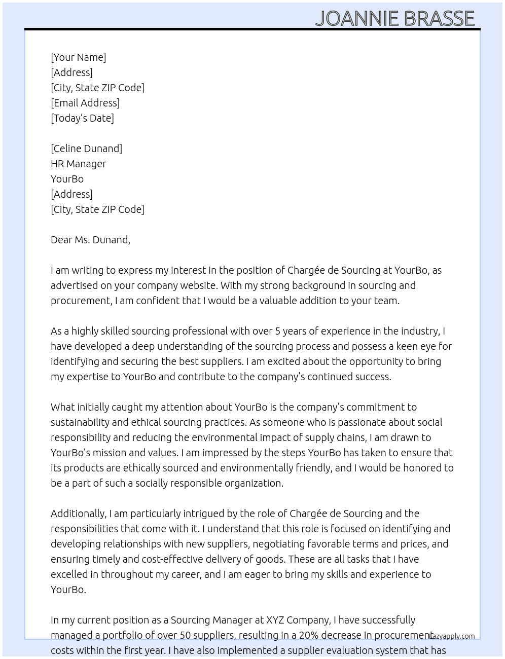Chargée de Sourcing  At YourBo  Cover Letter