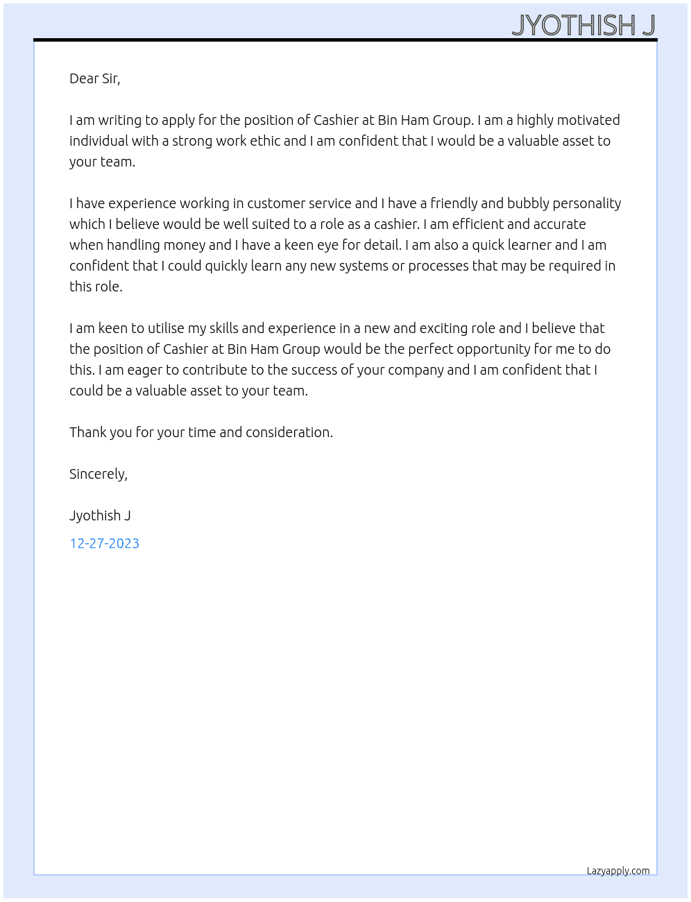 Cashier At Bin Ham Group Cover Letter