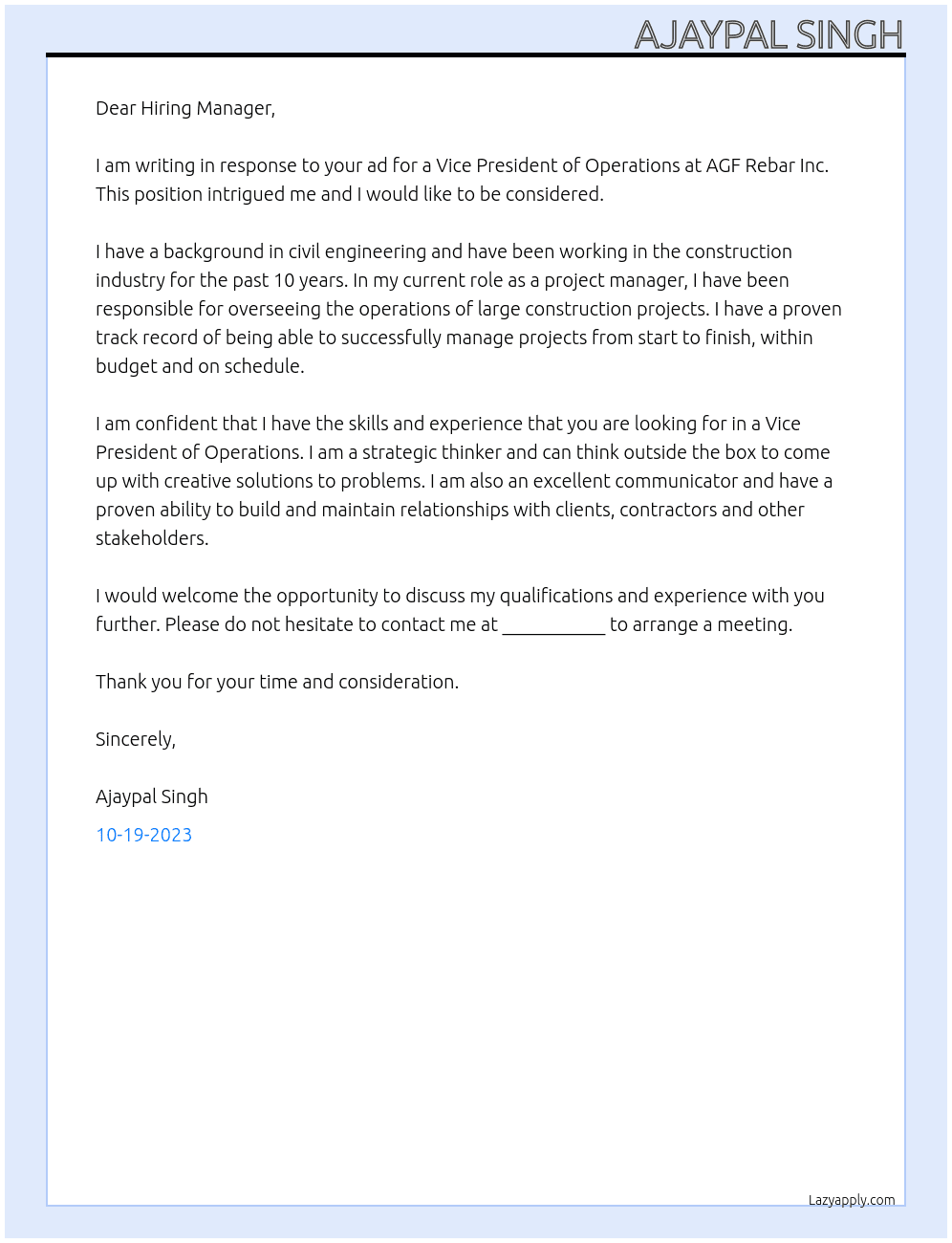 Vice President Operations At AGF Rebar Inc Cover Letter