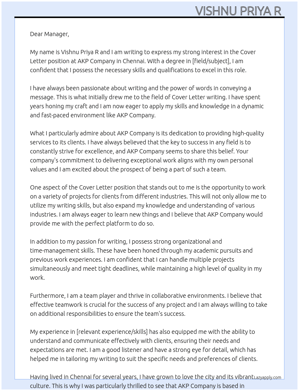 Cover letter  At AKP company  Cover Letter