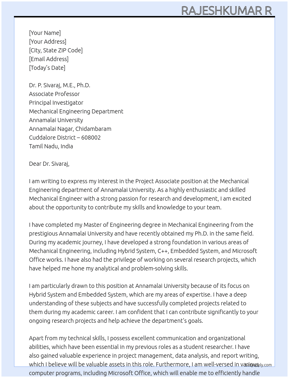 Project Associate at Mechanical engineering department  At Annamalai University  Cover Letter
