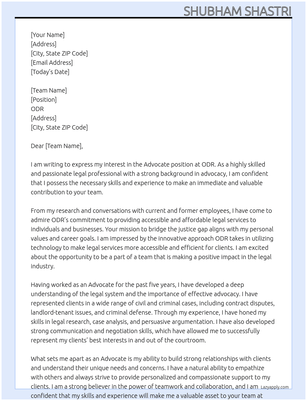 Advocate  At ODR Cover Letter