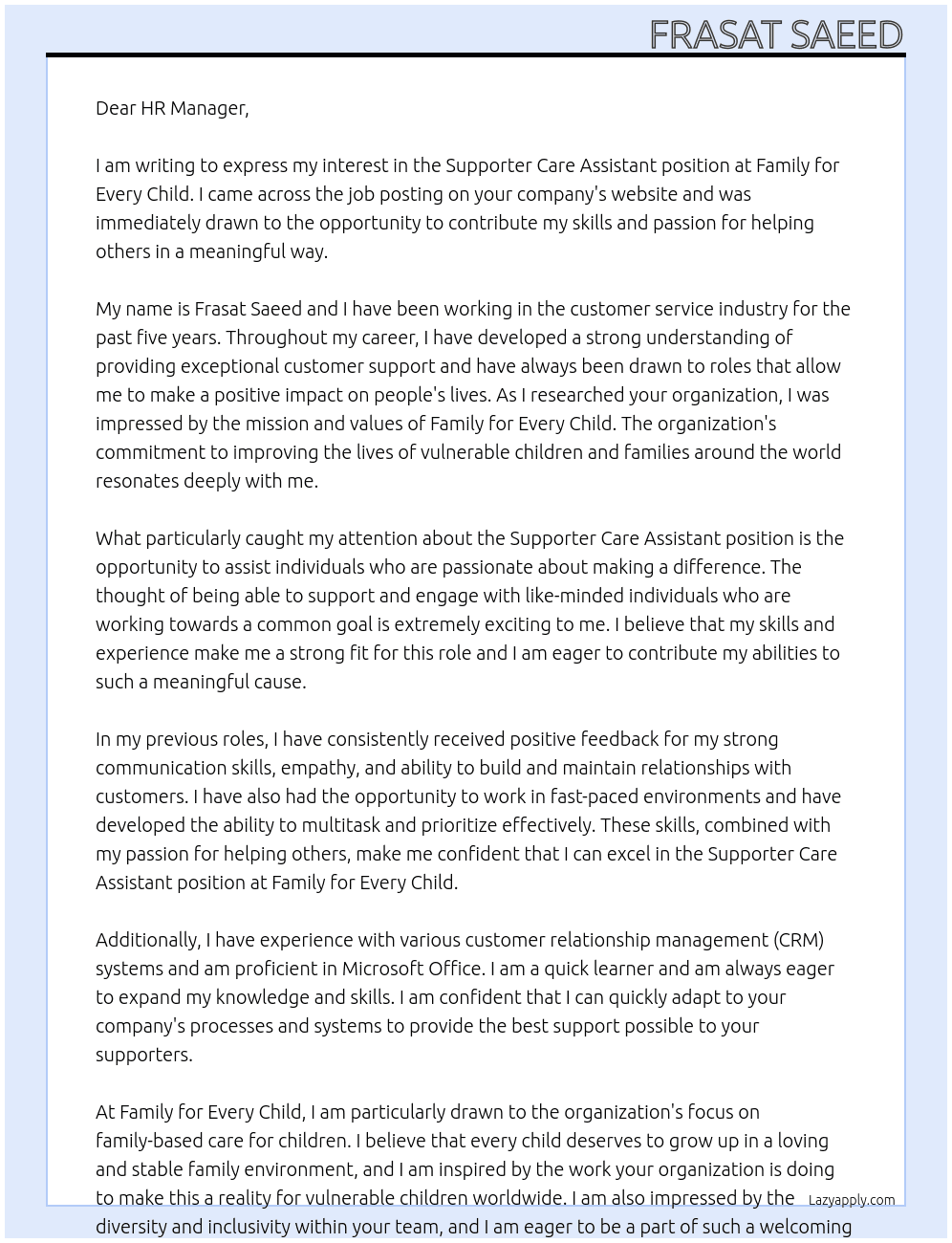 Supporter Care Assistant  At familyforeverychild.org Cover Letter
