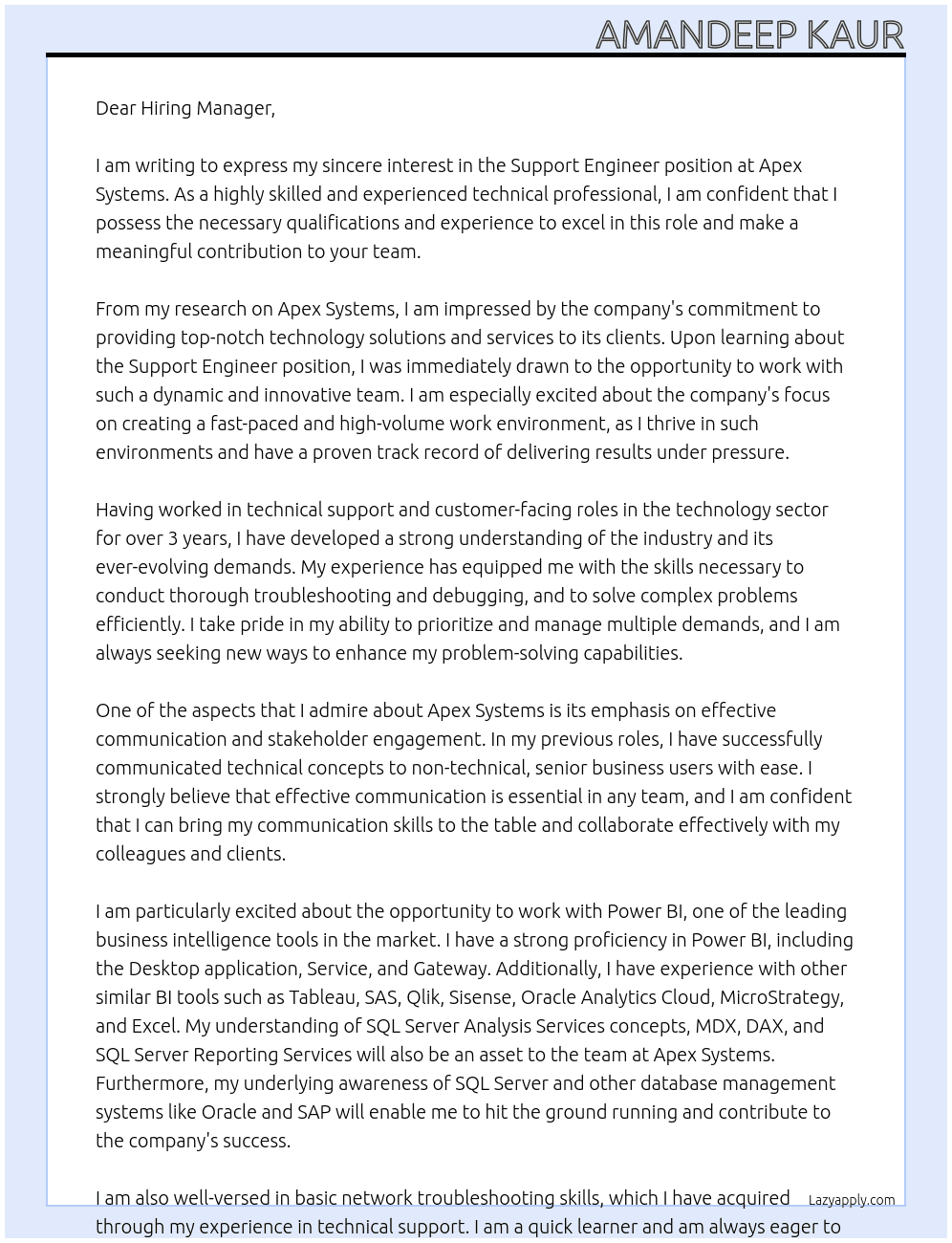 Support Engineer At Apex Systems Cover Letter