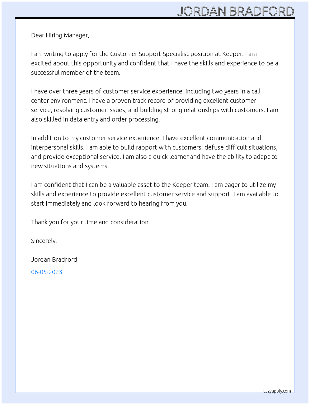 Customer Support Specialist At Keeper Cover Letter