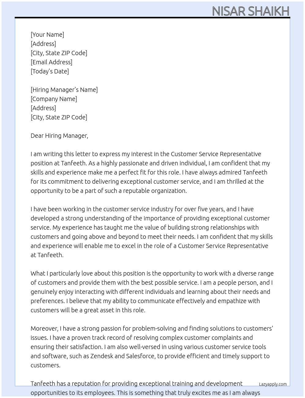 Customer Service Representative  At Tanfeeth Cover Letter