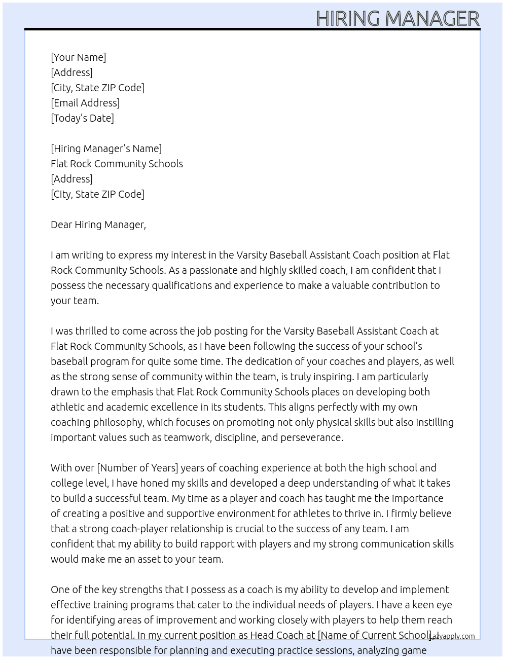 Varsity Baseball Assistant Coach At   Flat Rock Community Schools Cover Letter