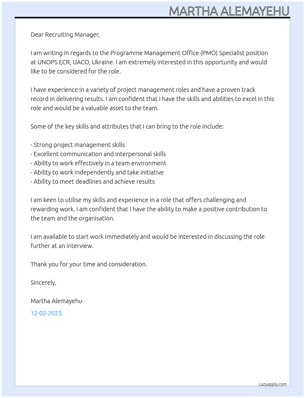 Programme Management Office (PMO) Specialist At UNOPS ECR, UACO, Ukraine Cover Letter