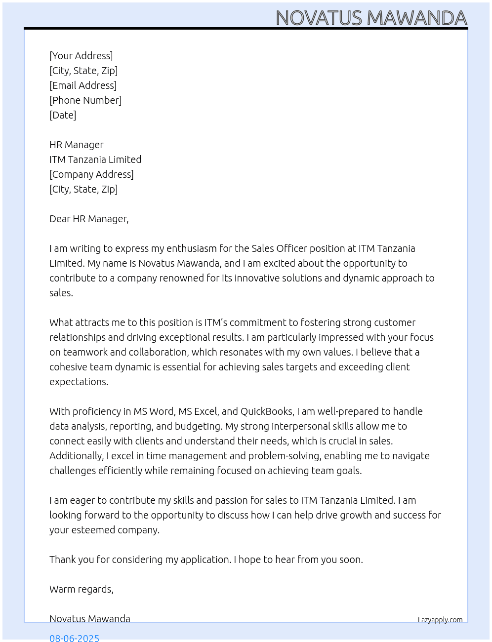 SALES OFFICER At ITM TANZANIA LIMITED Cover Letter