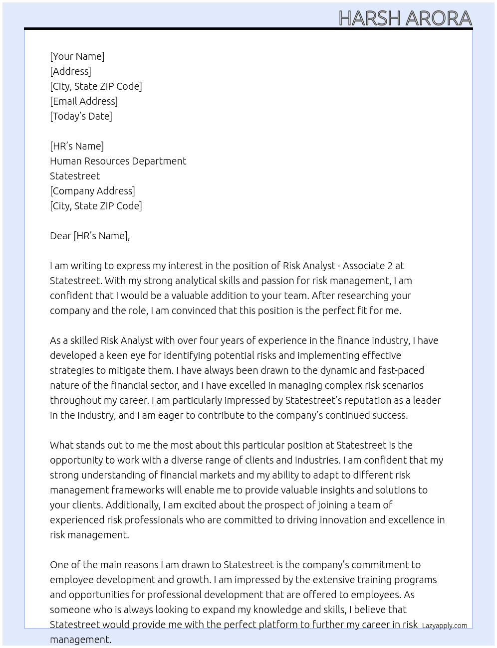 Risk Analyst - Associate 2 At Statestreet Cover Letter