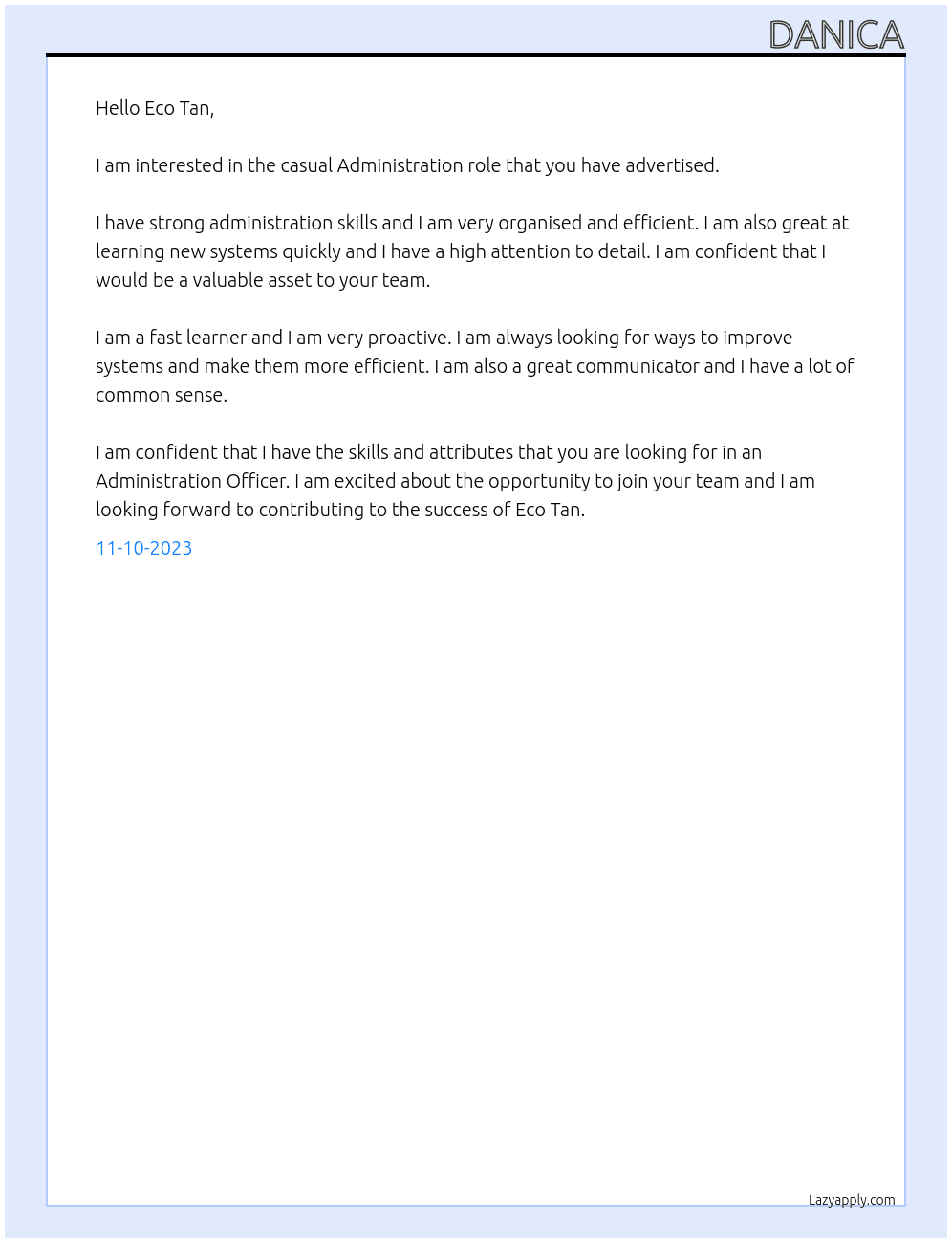 Administration At Eco Tan Cover Letter