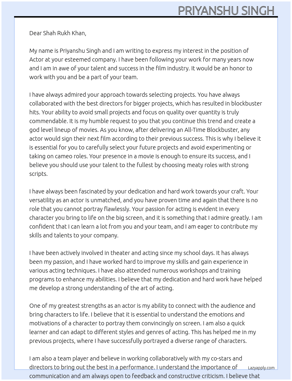 Actor  At Shah Rukh Khan  Cover Letter