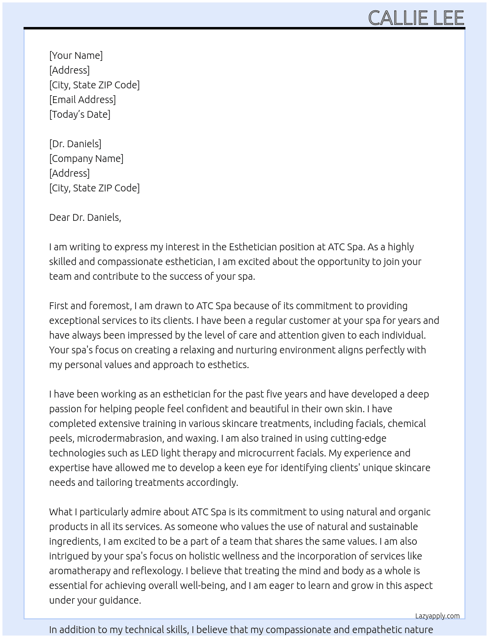 Esthetician At ATC Spa Cover Letter