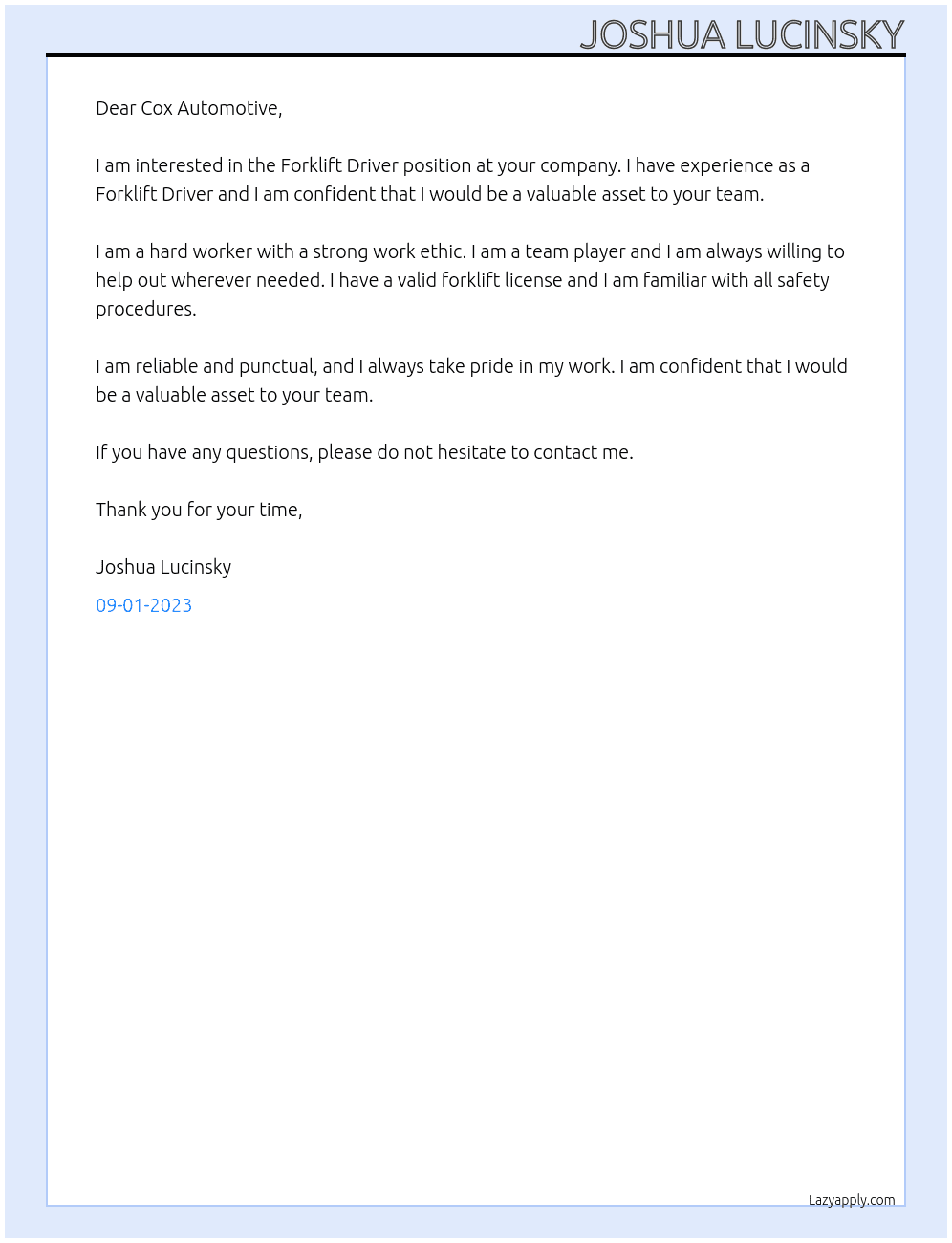 Forklift Driver At Cox Automotive Cover Letter