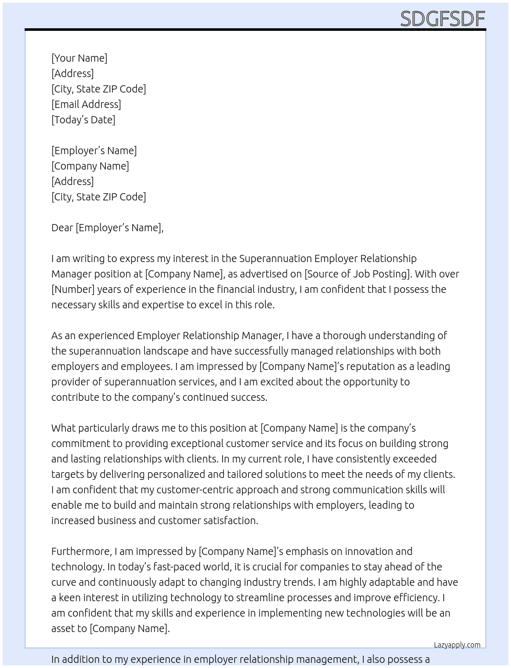 superannuation Employer Relationship Manager At sdfsdf Cover Letter