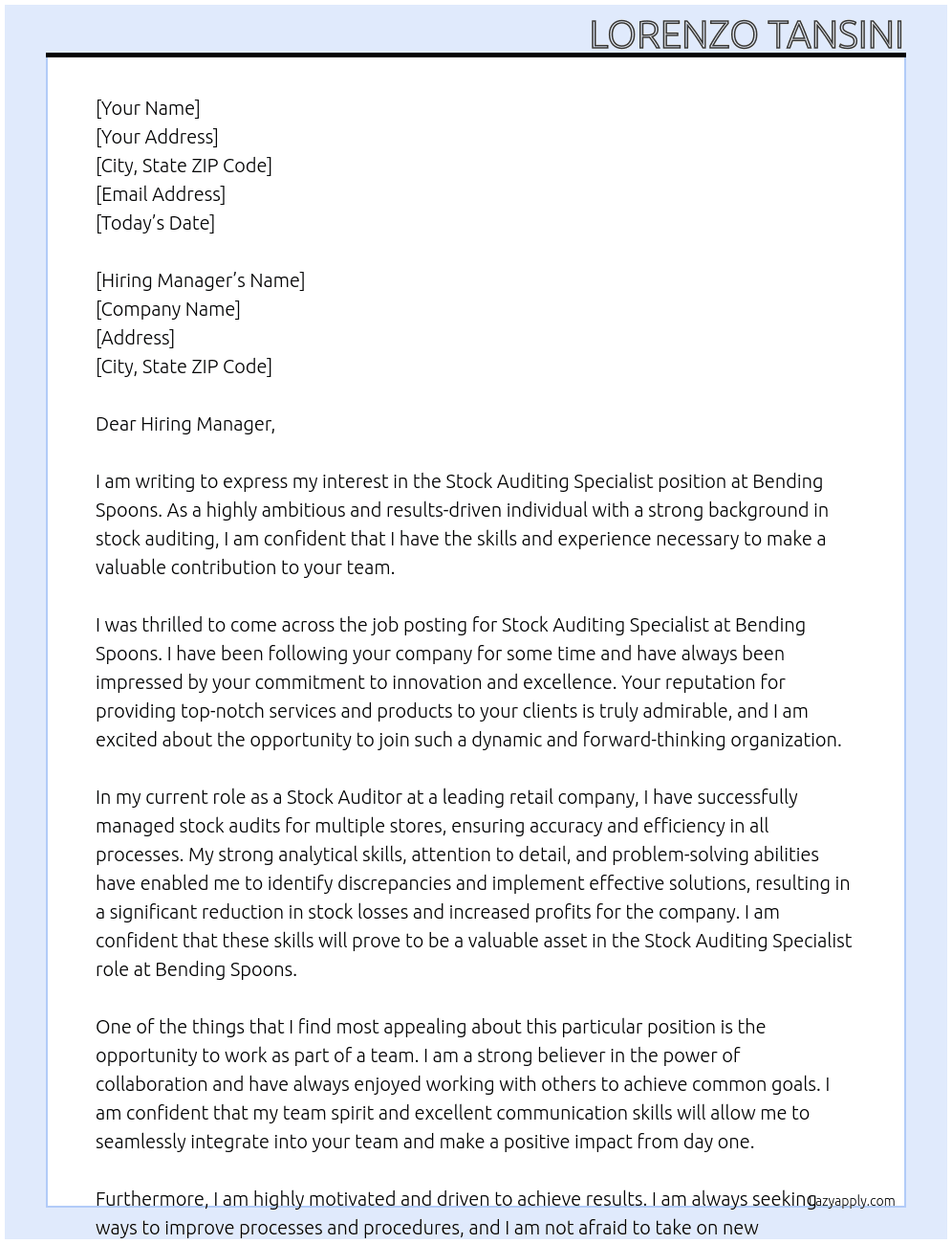 Stock Auditing Specialist At Bending Spoongs Cover Letter