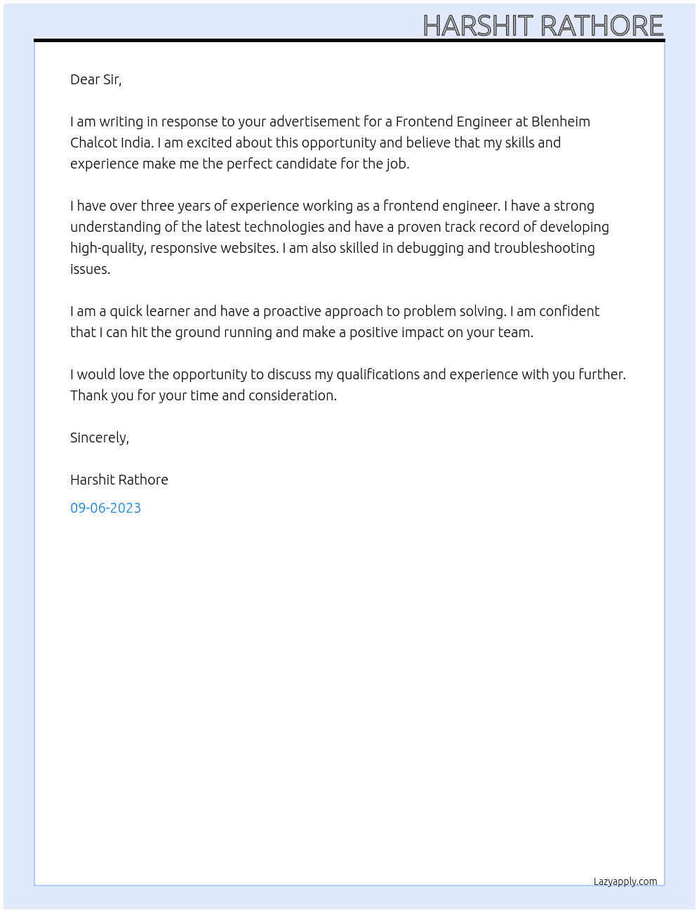 Frontend Engineer At Blenheim Chalcot India Cover Letter