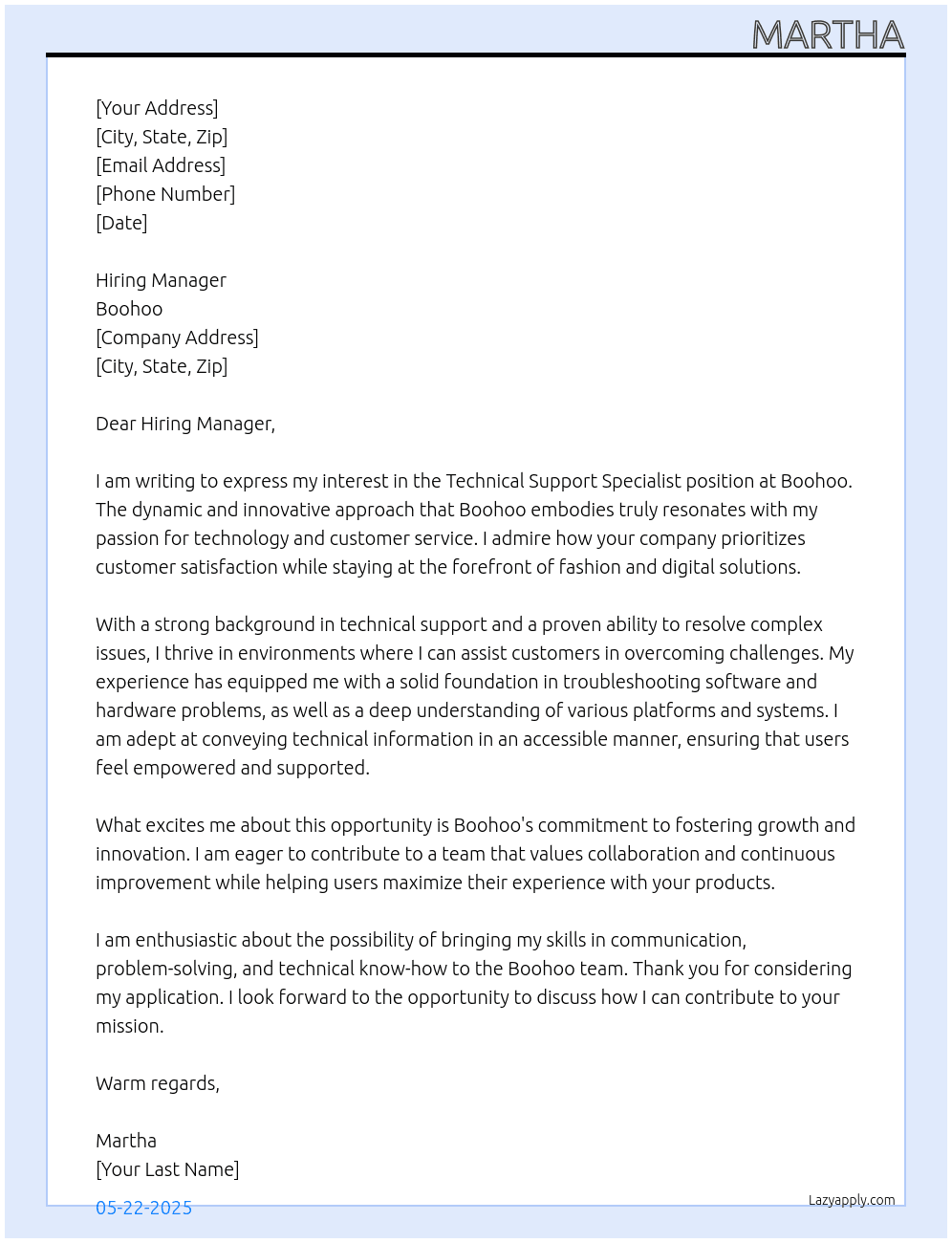 Technical Support Specialist At Boohoo Cover Letter