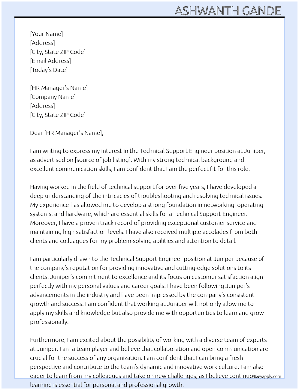 Technical support engineer At Juniper  Cover Letter