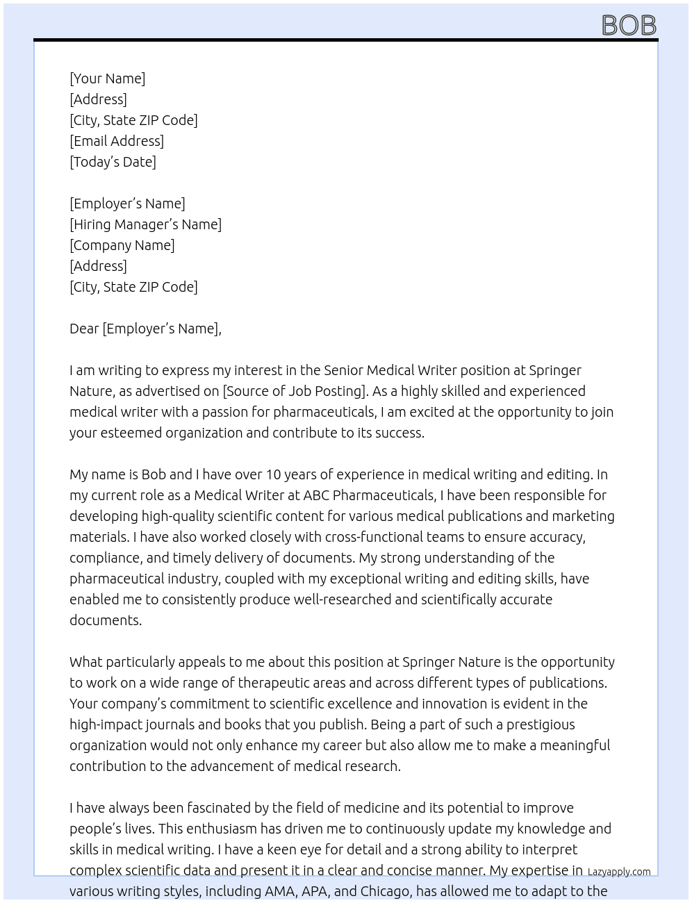 Senior Medical Writer At Springer Nature Cover Letter