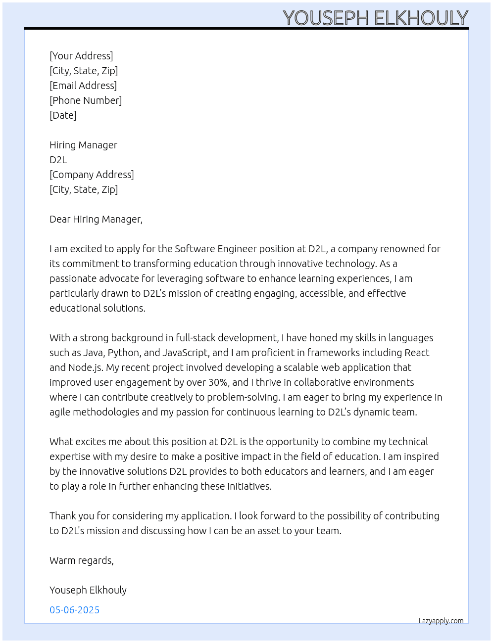 Software engineer  At D2L Cover Letter