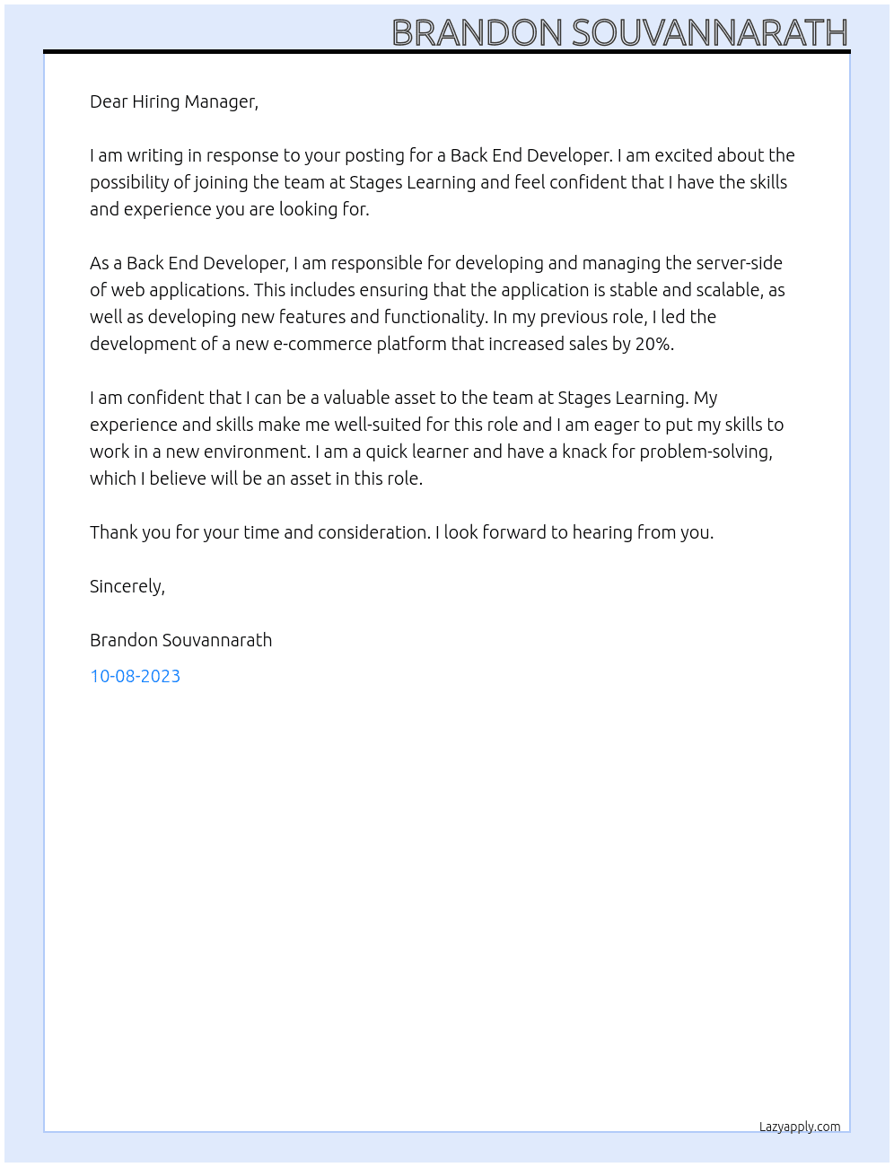 Back End Developer  At Stages Learning  Cover Letter