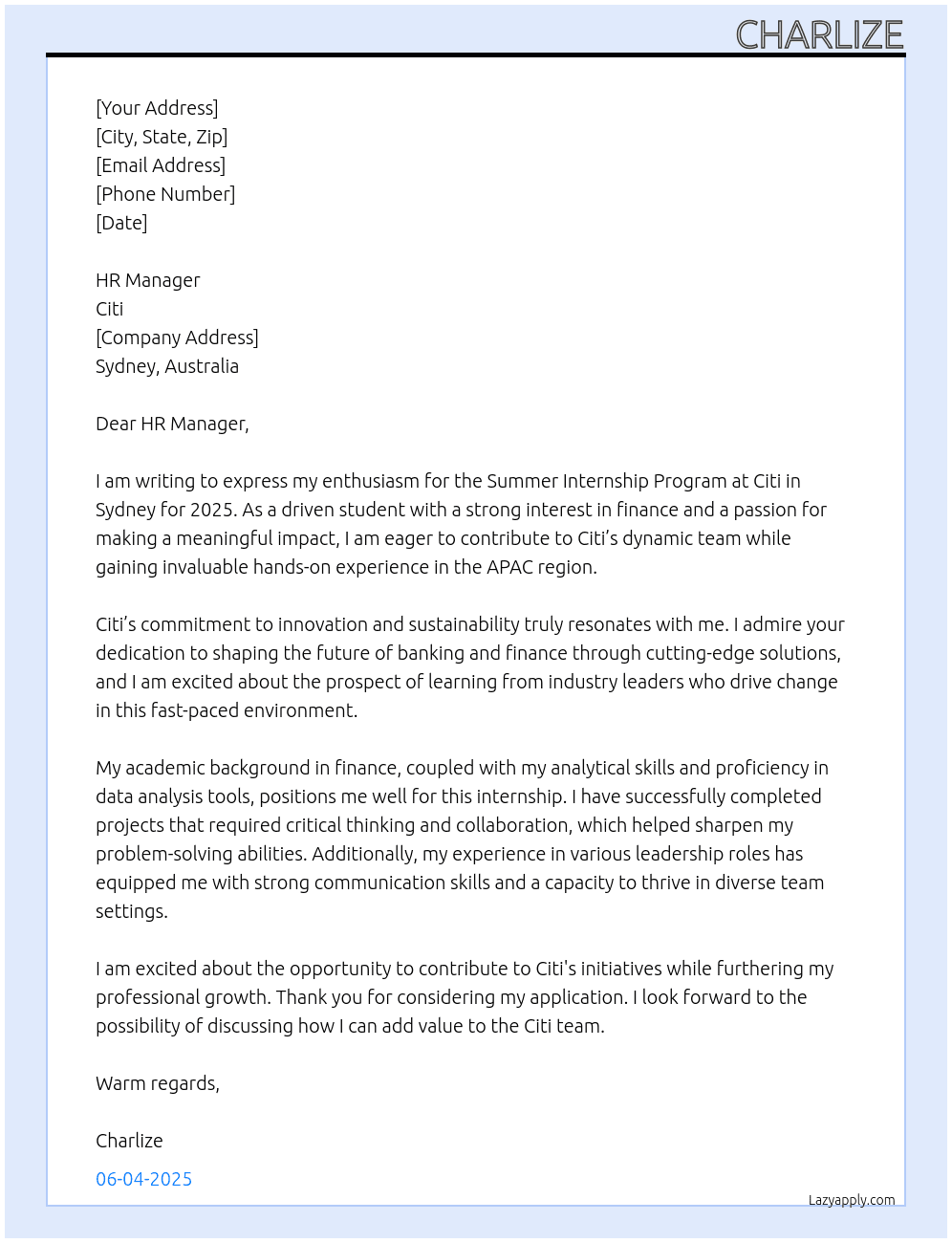 Summer Internship Program - Sydney Australia (APAC) - 2025 At Citi Cover Letter