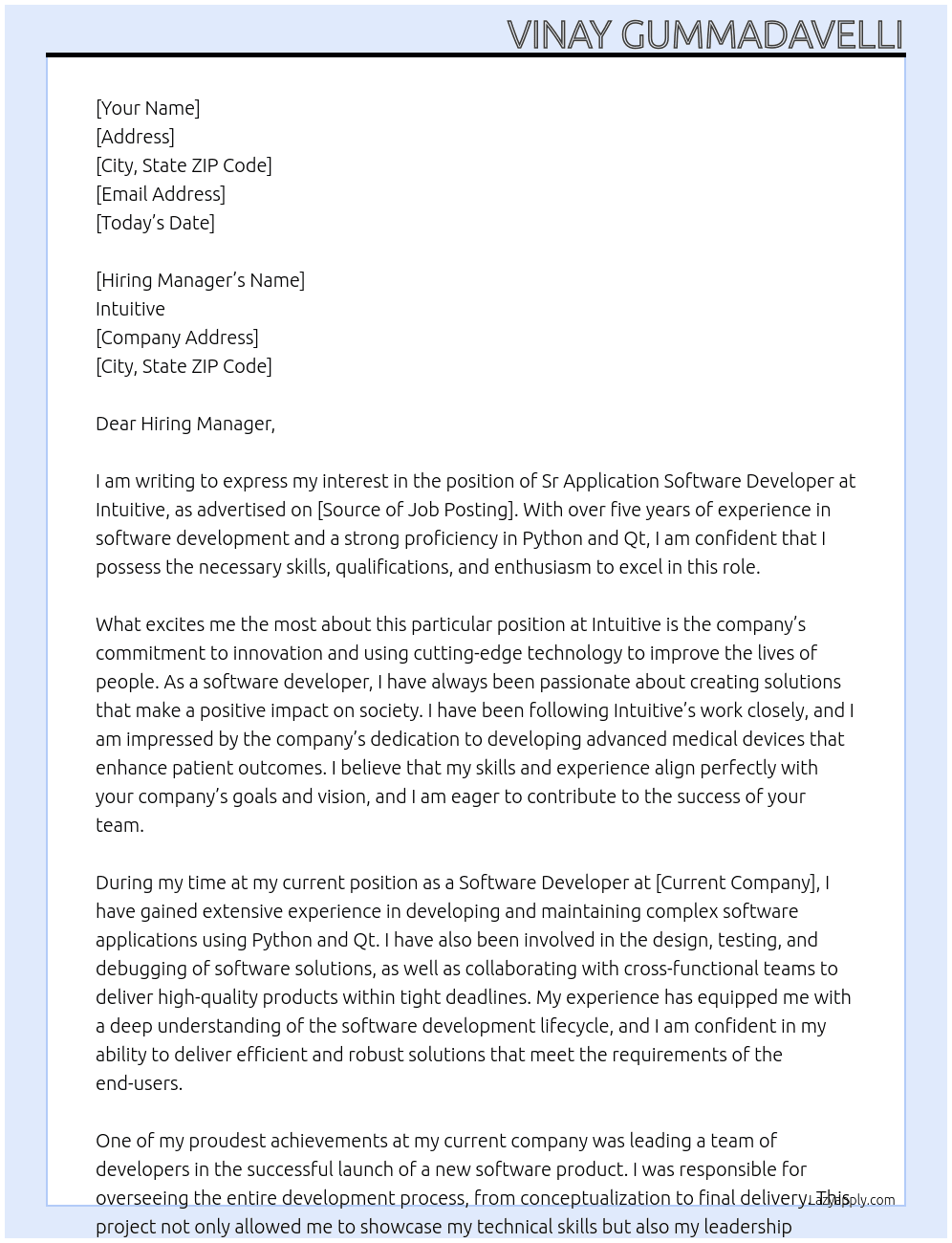 Sr Application Software Developer At Intuitive Cover Letter