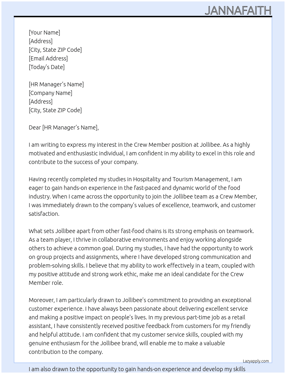 Crew Member At Jollibee  Cover Letter