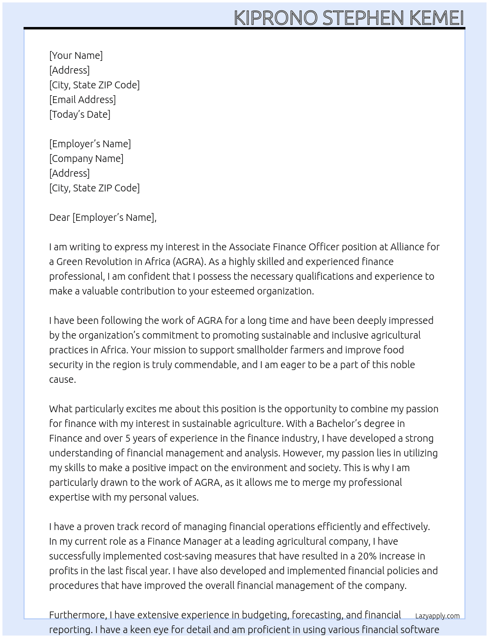 Cover letter for associate finance officer - LazyApply