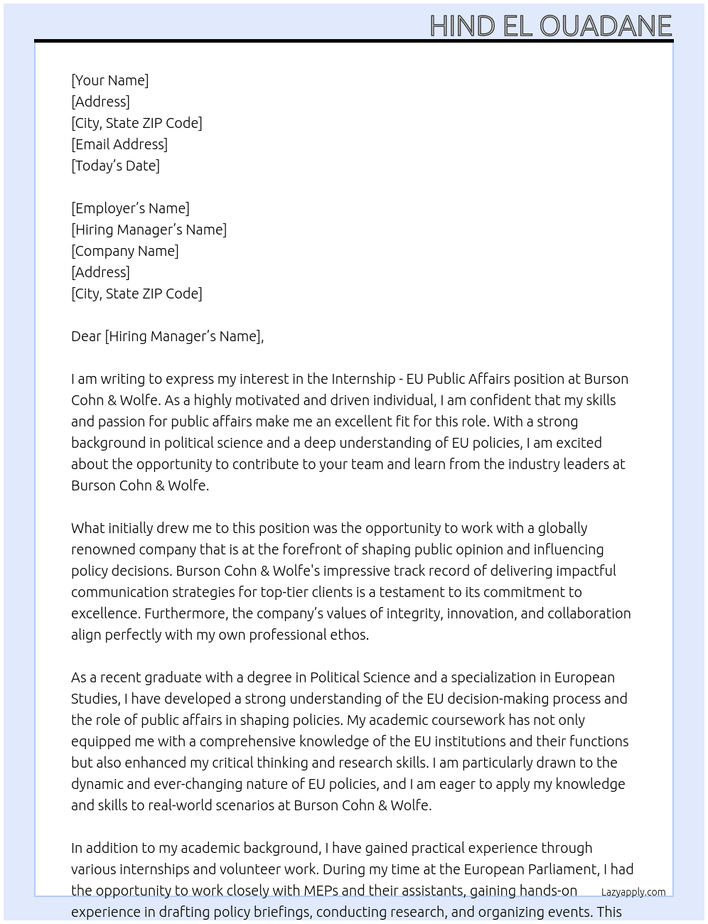 Internship - EU Public Affairs  At Burson Cohn & Wolfe Cover Letter