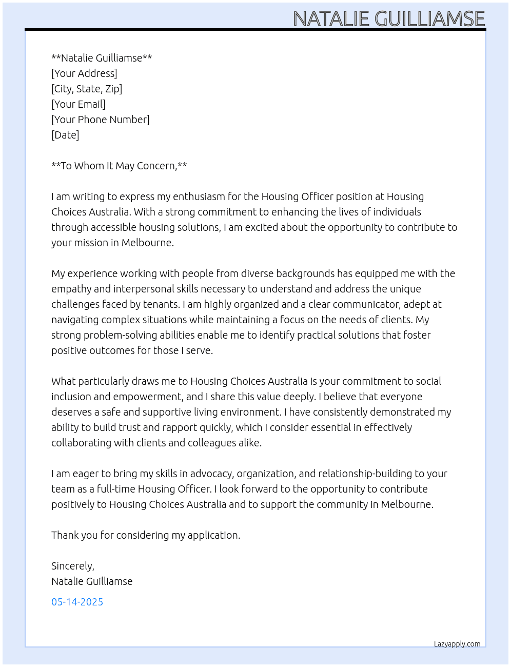 Housing officer  At Housing Choices Australia  Cover Letter