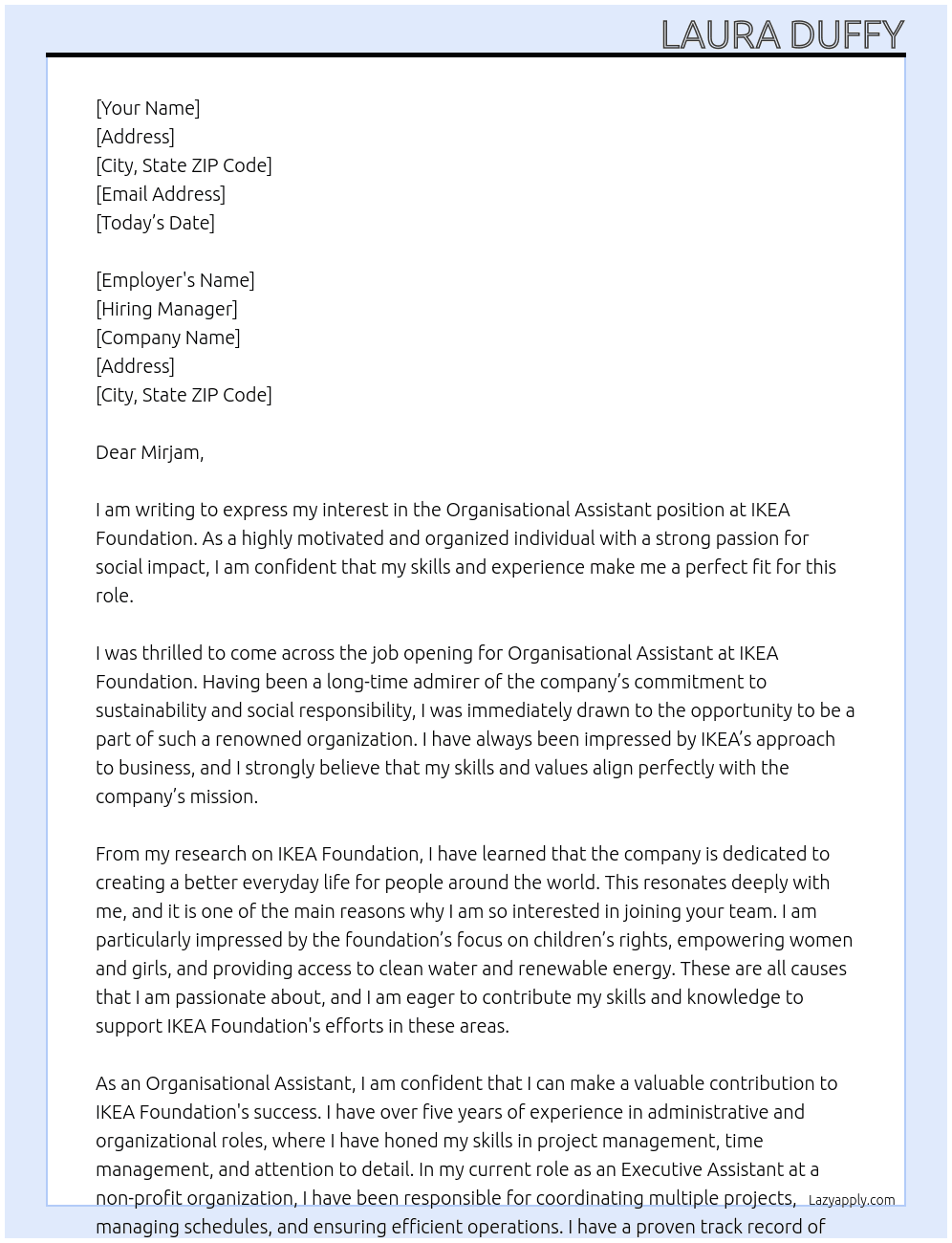 Organisational Assistant At IKEA Foundation Cover Letter