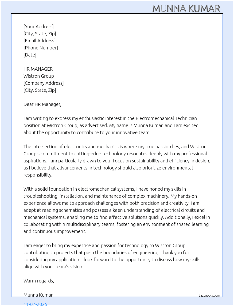 Electromechanical technician  At Wistron group Cover Letter