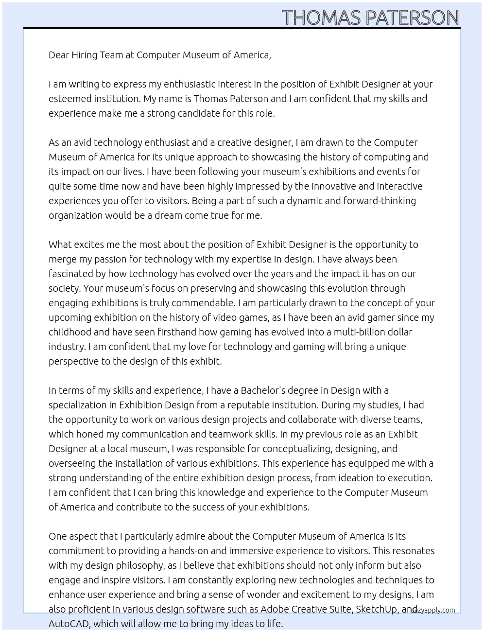 Exhibit Designer At Computer Museum of America Cover Letter