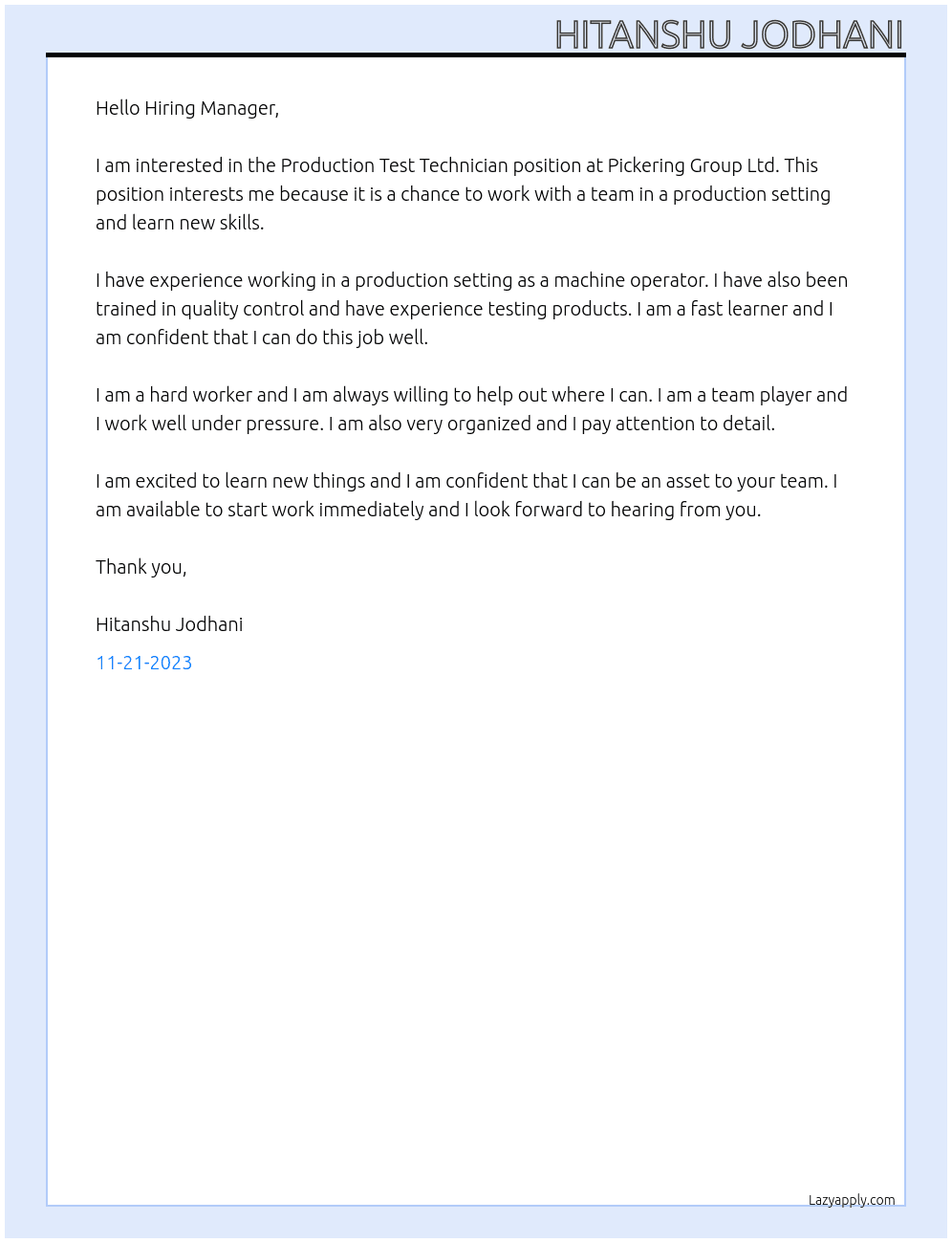 Production Test Technician At Pickering Group Ltd Cover Letter