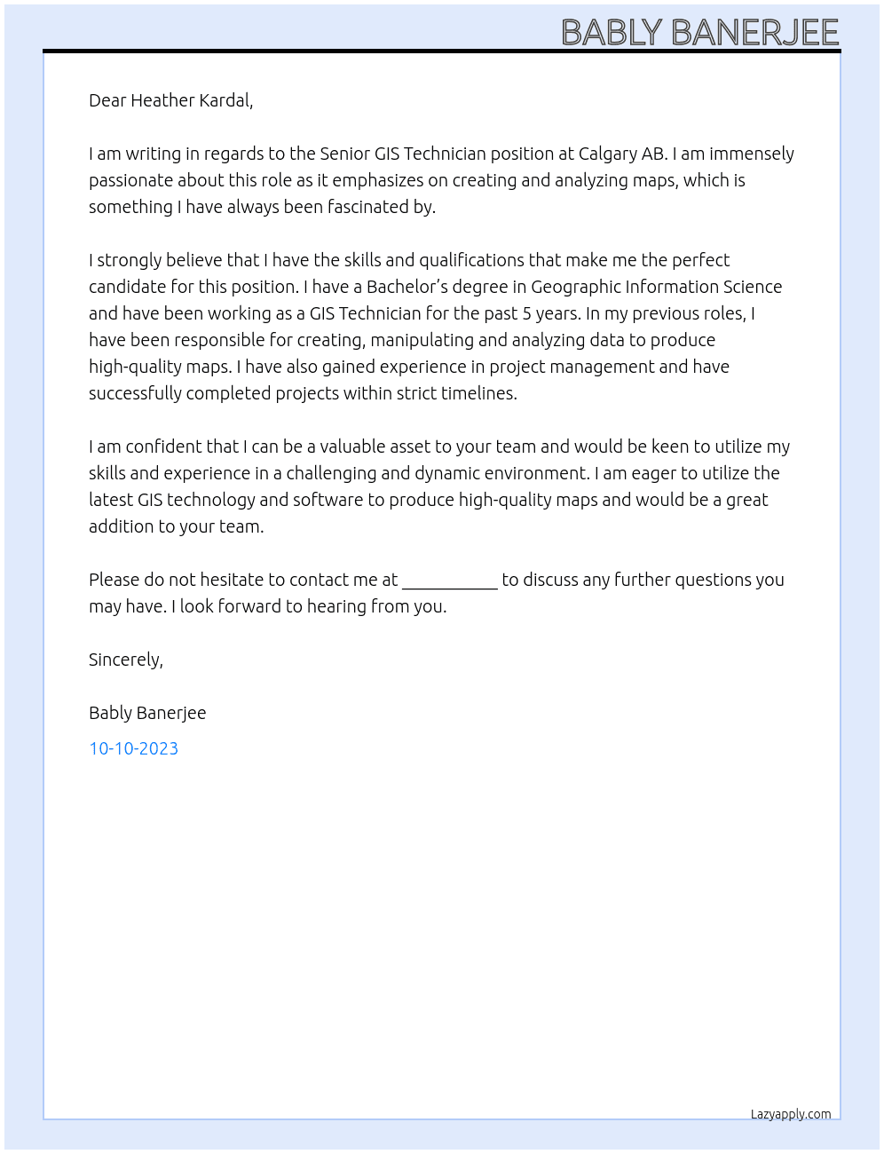 Senior GIS Technician  At Calgary AB Cover Letter