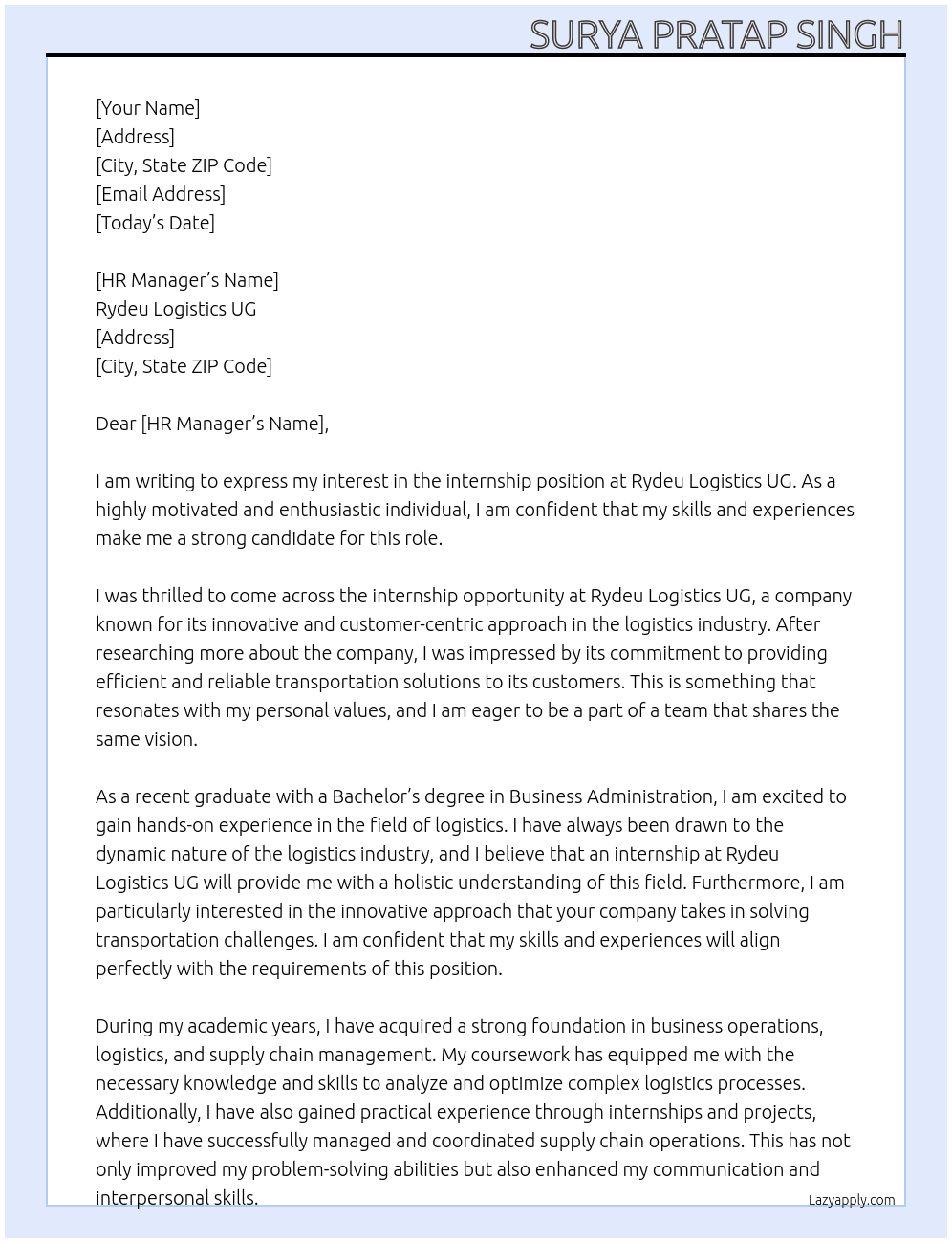 internship At Rydeu Logistics UG Cover Letter