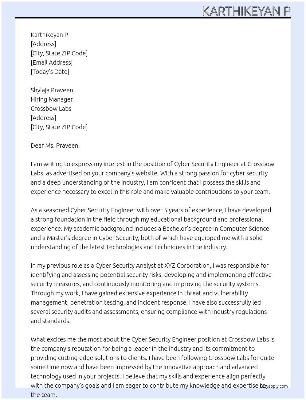 Cyber Security Engineer At Crossbow Labs Cover Letter