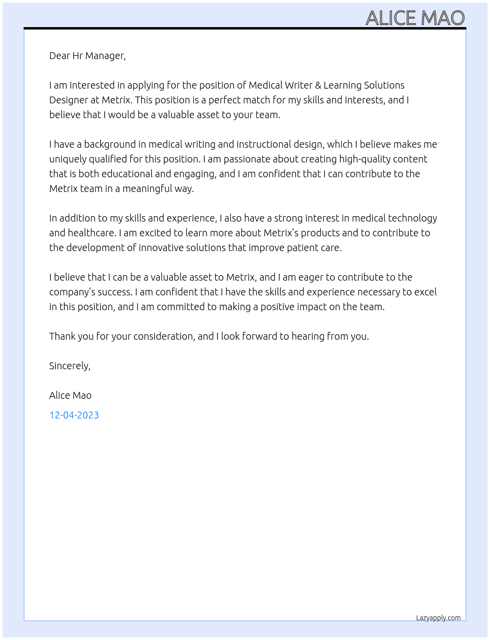 Medical Writer & Learning Solutions Designer At Metrix Cover Letter