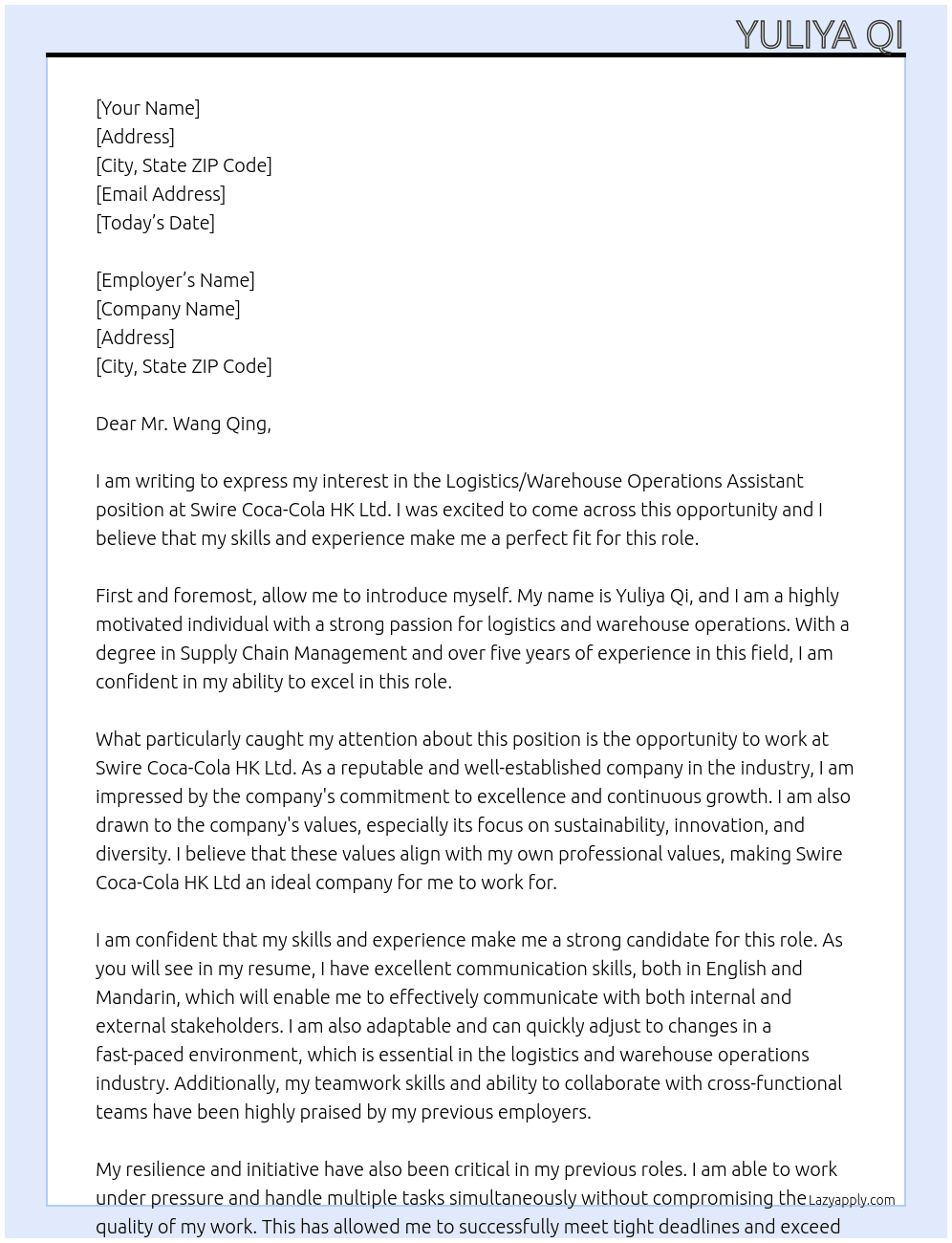 Logistics/Warehouse Operations Assistant At Swire Coca-Cola HK Ltd Cover Letter