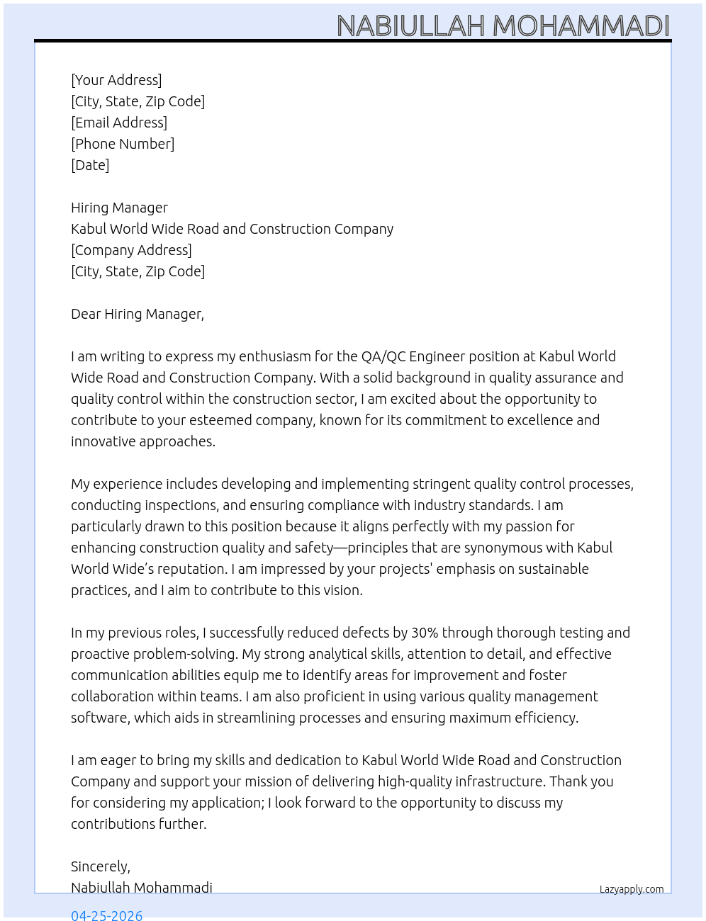 Cover letter for qa/qc engineer - LazyApply