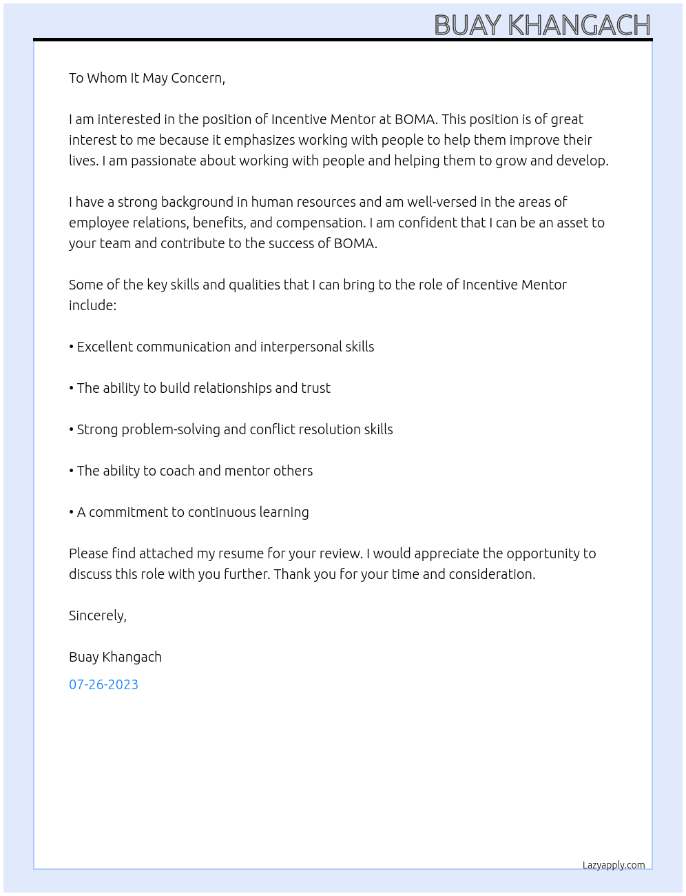 Incentive Mentor At BOMA Cover Letter