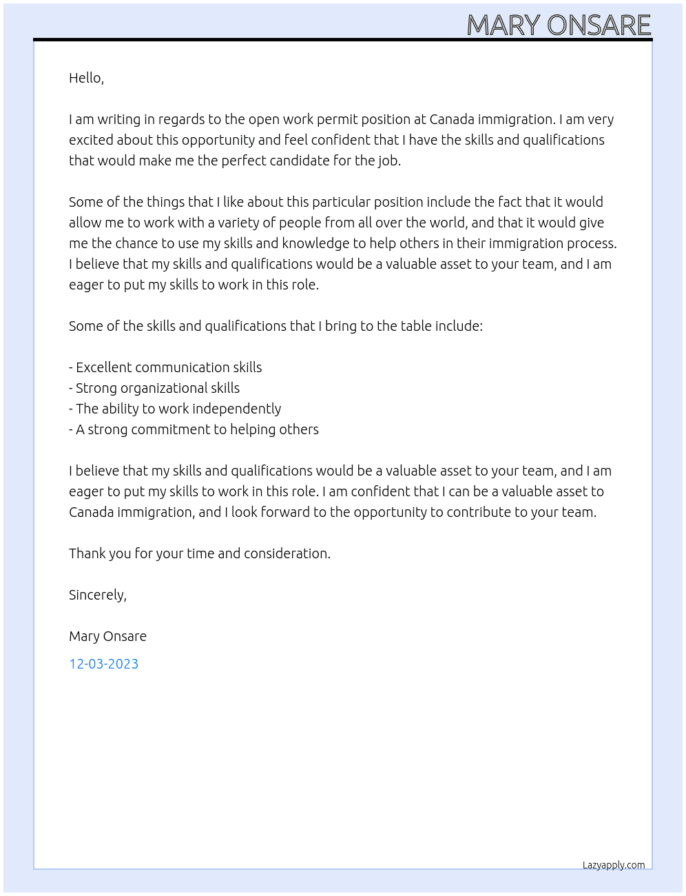 Open work permit At Canada immigration Cover Letter
