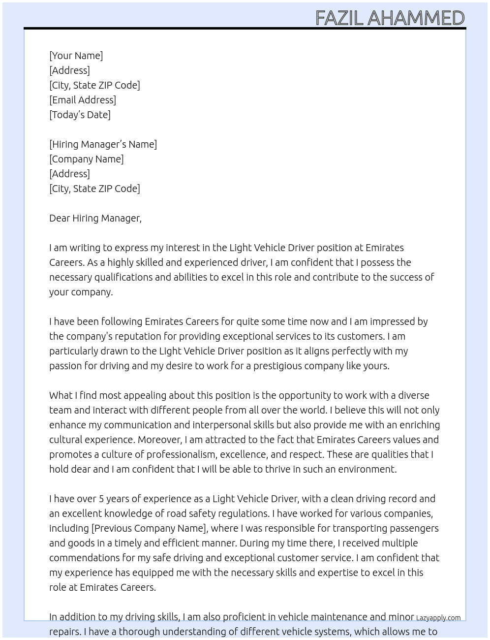 Light vehicle driver  At Emirates careers Cover Letter